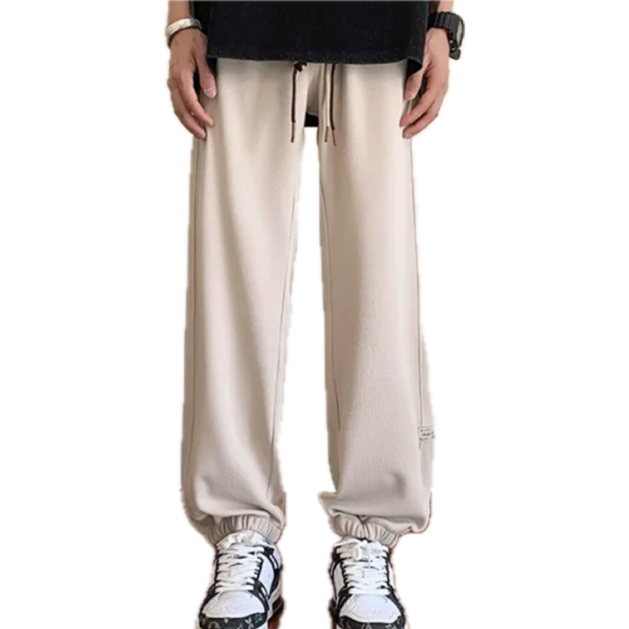 Men's relaxed fit trousers with adjustable drawstring waist, front and rear pockets, designed for all-day comfort and casual style