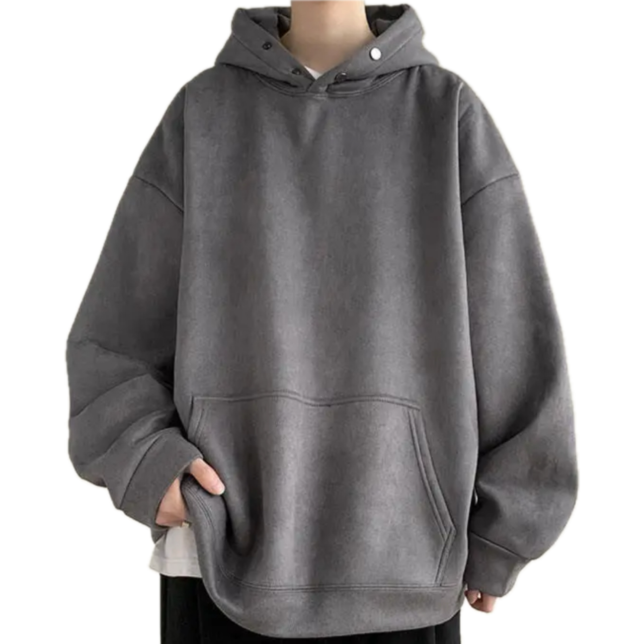 Unisex oversized suede fleece hoodie with drop shoulders, kangaroo pocket, and adjustable hood, offering cozy comfort and minimalist style for casual wear.