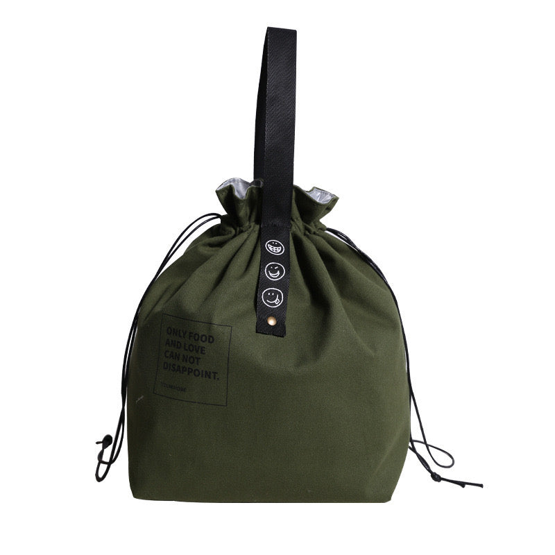 A stylish navy green canvas drawstring lunch bag featuring motivational text and smiley face icons, perfect for casual and everyday use.