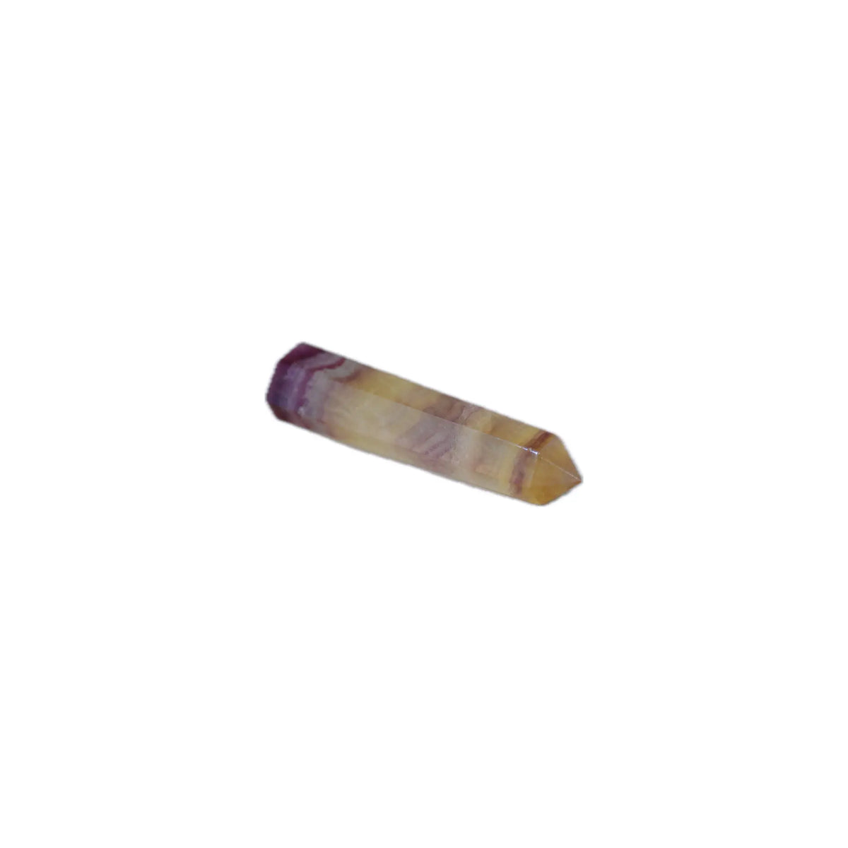 A polished Candy Fluorite Tower with natural marbled patterns in purple, yellow, and beige, isolated on a solid white background.