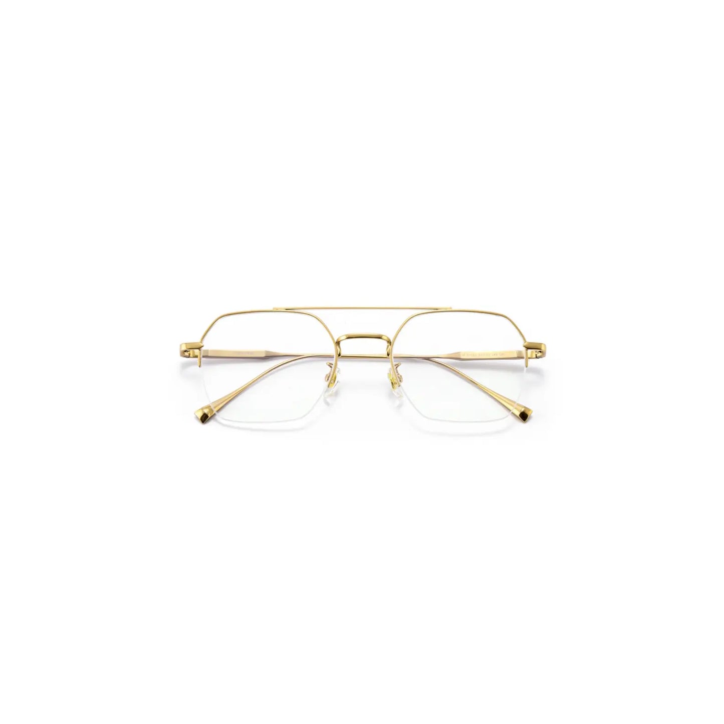 Gold-framed eyeglasses with a sleek design and clear lenses, displayed against a white background.