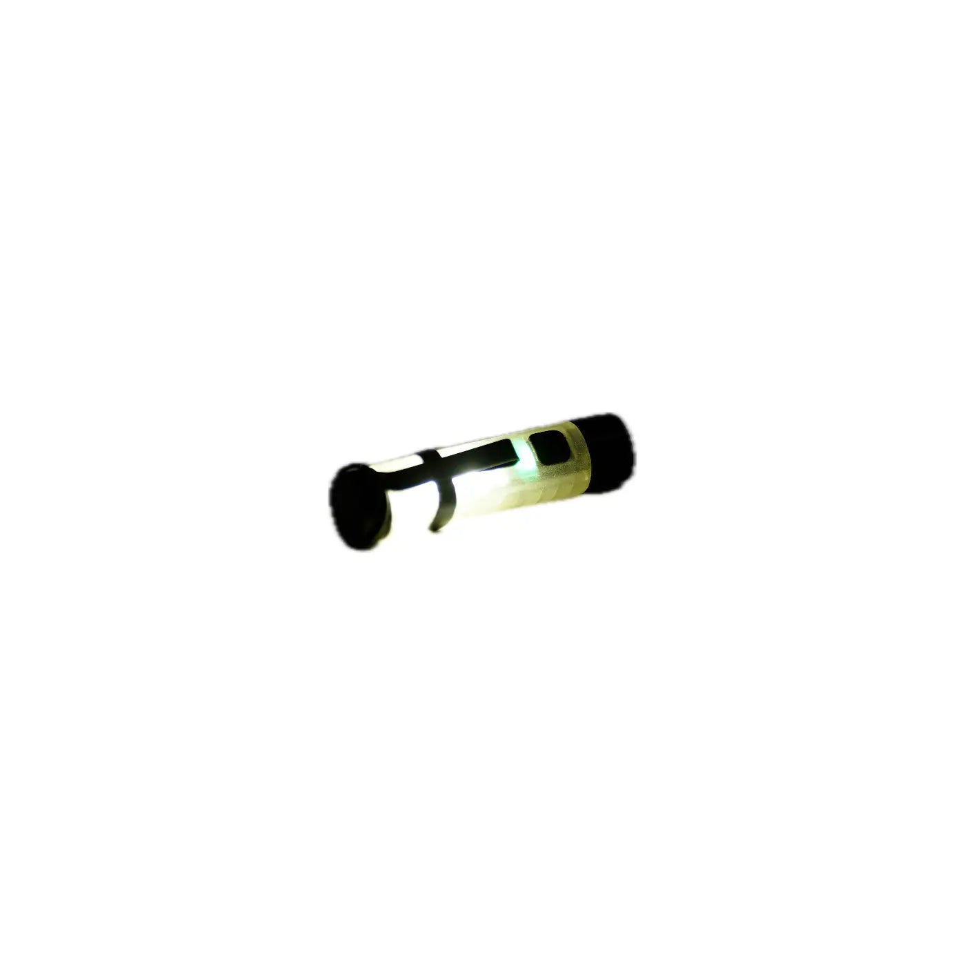 A glowing cylindrical light stick with a black end, casting a soft green light against a white background.