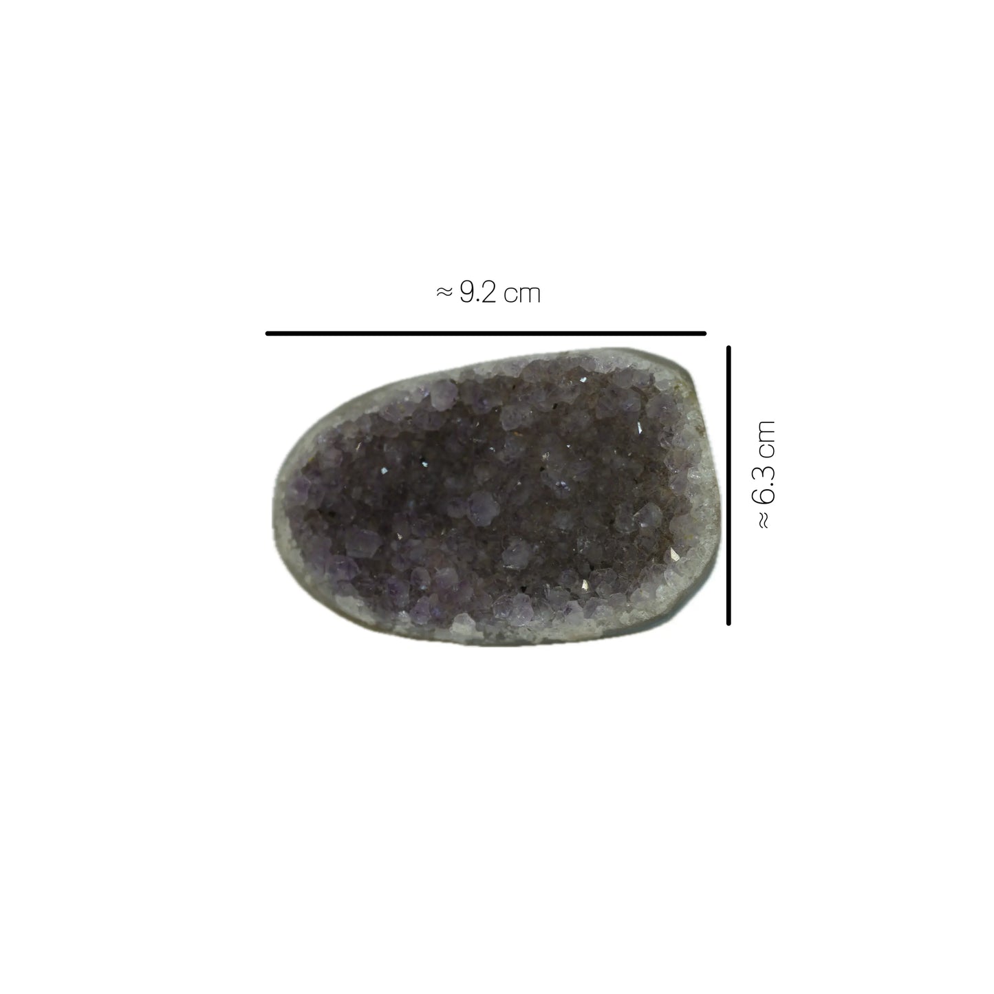 Measurement photo of a flat raw amethyst cluster, showing dimensions of approximately 9.2 cm in length and 6.3 cm in width.