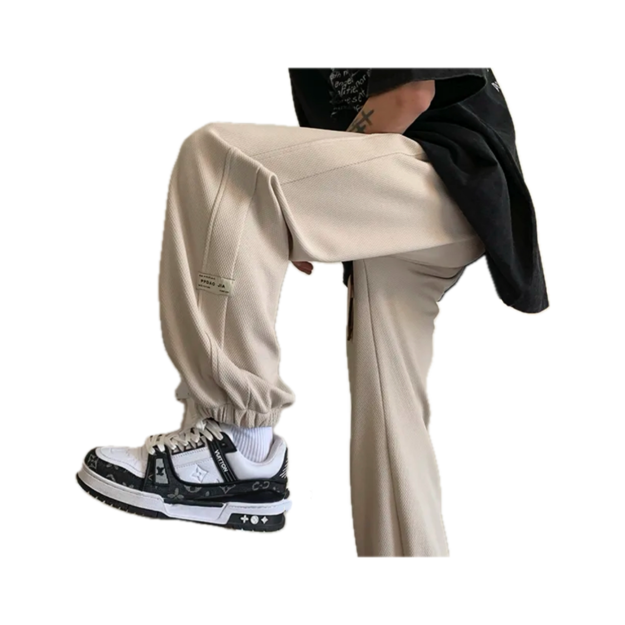 Men's relaxed fit trousers with adjustable drawstring waist, front and rear pockets, designed for all-day comfort and casual style