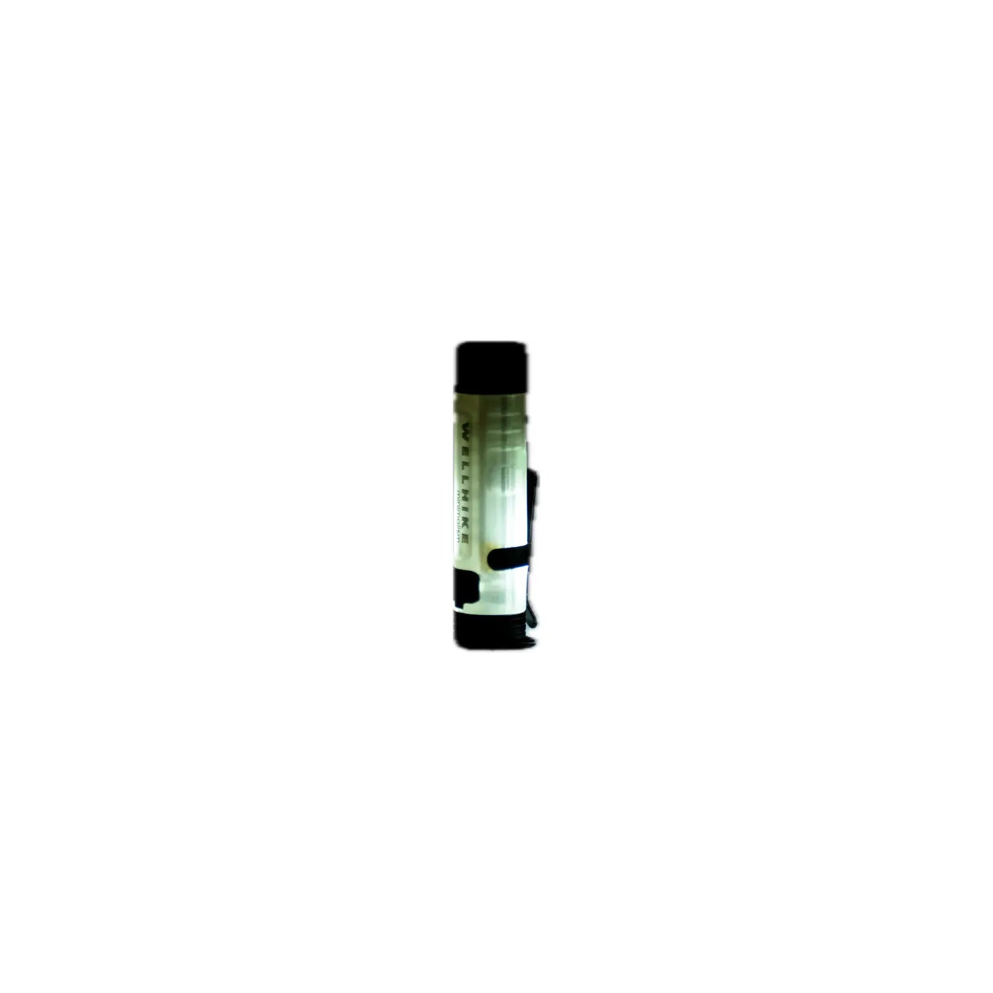 A black and clear flashlight, slightly illuminated, with a strap attached, against a white background.