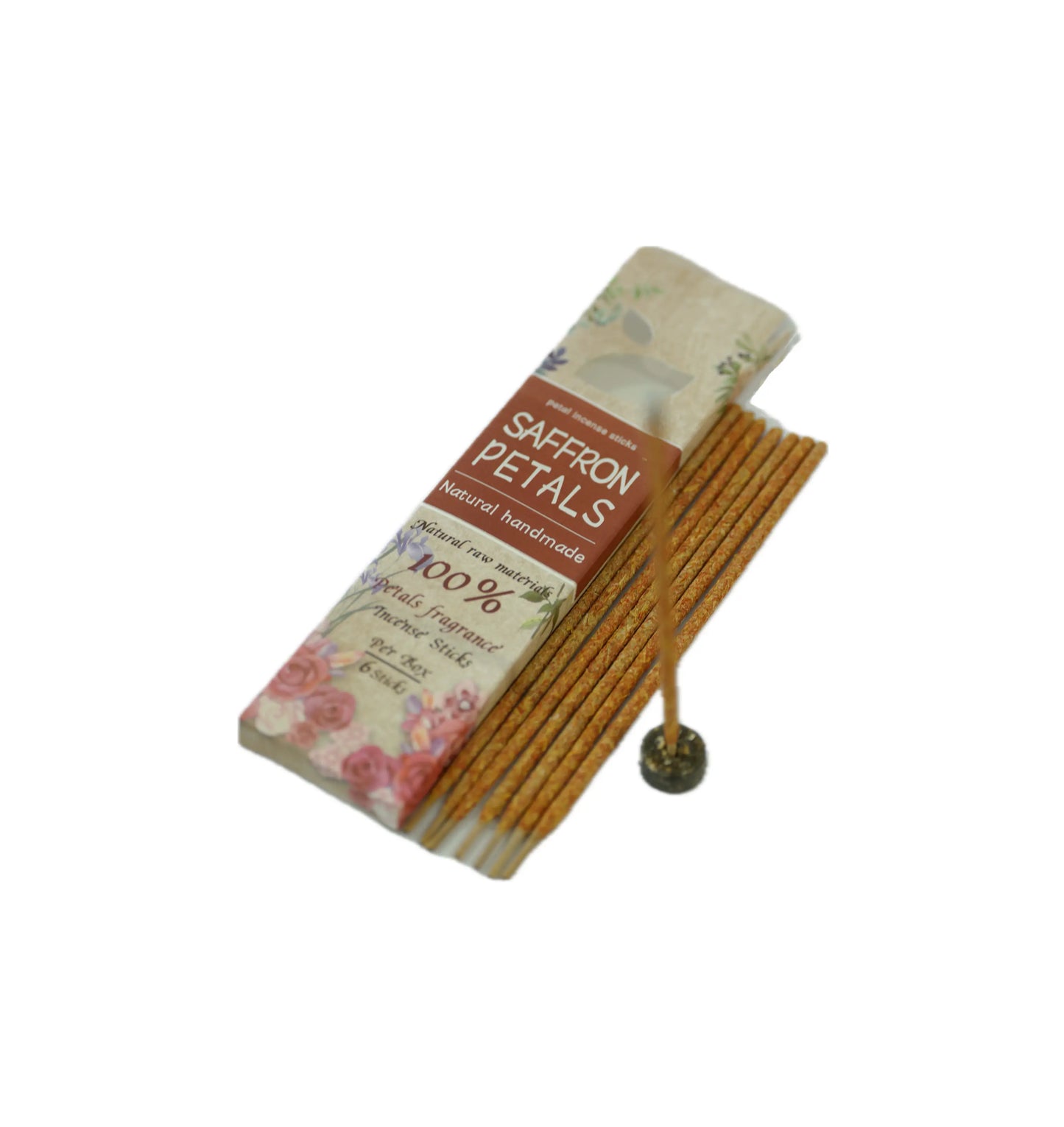 A pack of Saffron Petals incense sticks with a floral design, showcasing natural handmade products, placed beside a incense holder.