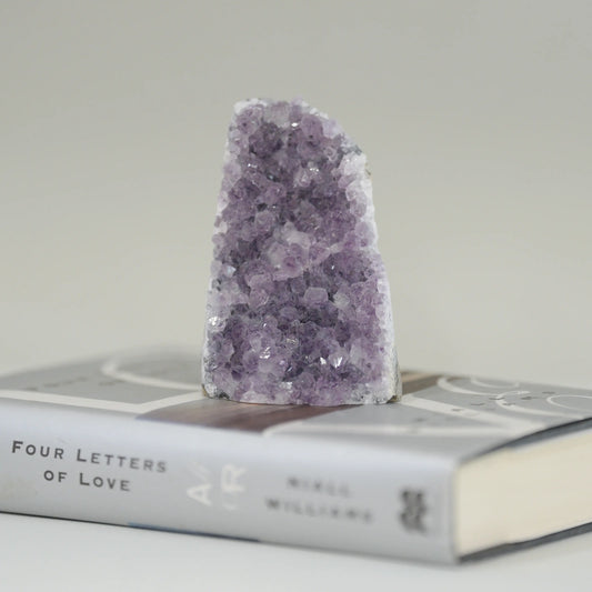 Amethyst crystal geode standing upright on a closed book titled "Four Letters of Love" by Nikki Williams.