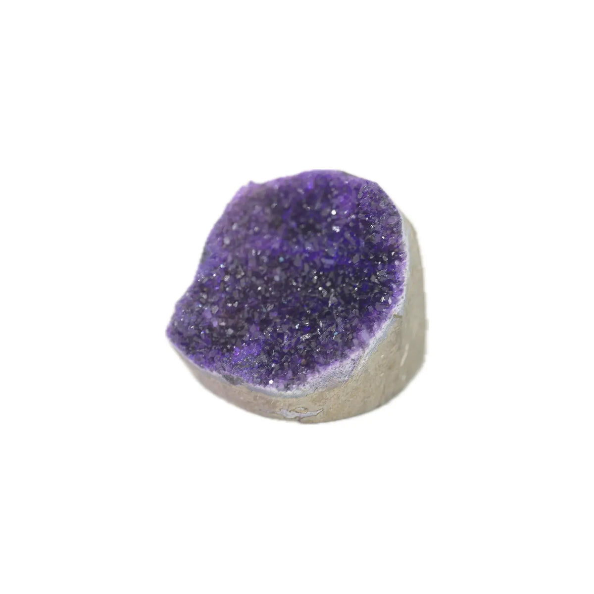 A natural amethyst geode dome with a deep purple crystal interior and a light gray stone base, shown on a plain white background.