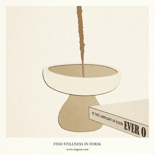 A minimalist beige and brown abstract illustration of a bowl-like form with a vertical line pouring into it, alongside a partial book with the text 'IS THE LUBRICANT OF SCES EVER O'. Below, the text reads 'FIND STILLNESS IN FORM.