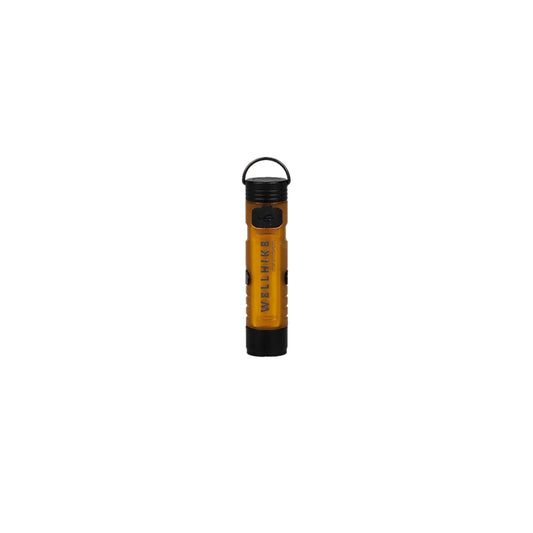 A compact Bronze flashlight labeled "WELLHIKE," featuring a hanging loop and black accents, ideal for hiking or emergencies.