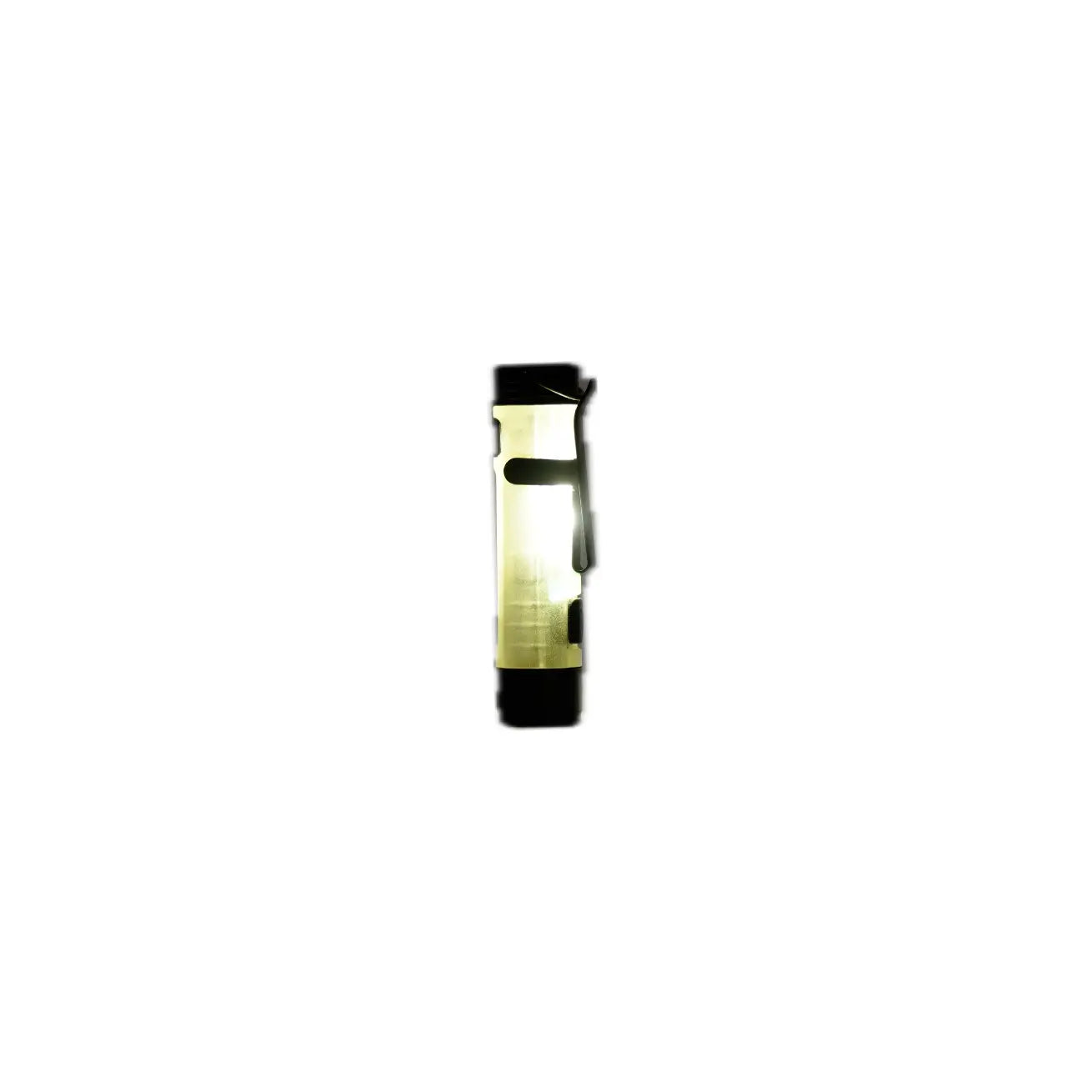 A translucent, cylindrical flashlight with a black handle, casting a soft yellow glow on a white background.