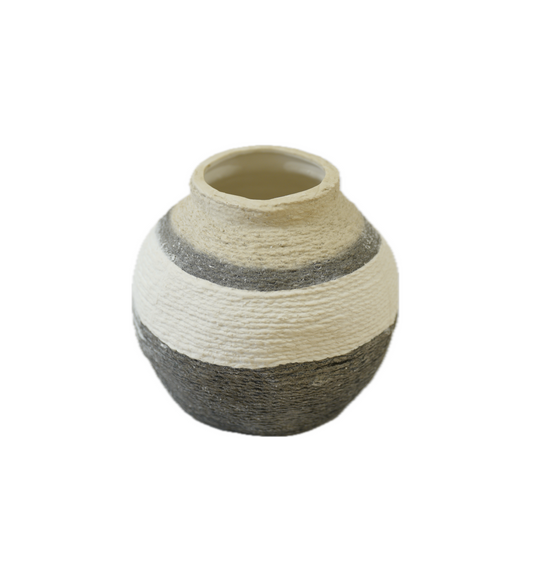 Textured round vase with cream, gray, and black stripes, featuring a wide opening and a rustic aesthetic.