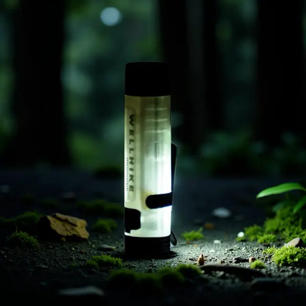 A glowing WellHike flashlight illuminates a forest floor covered in moss and stones, surrounded by trees in soft focus.