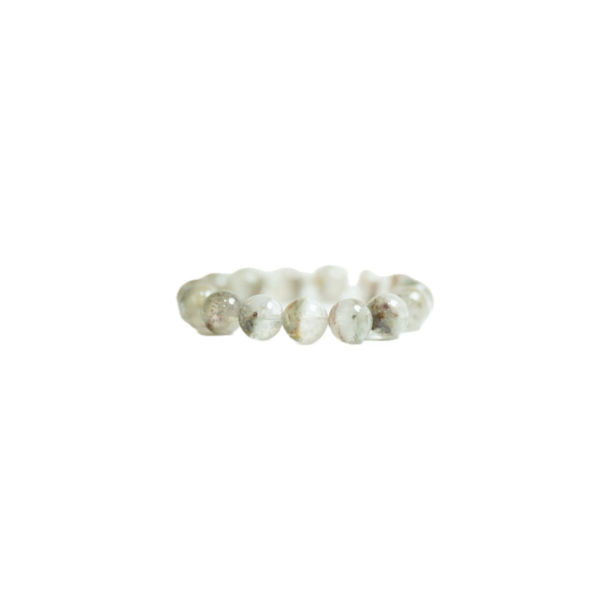Straight-on profile view of the premium 18mm scenic Green Phantom Quartz bracelet against a crisp white background with a soft shadow, illustrating its strong presence and stabilizing energy for meditation and daily mindfulness at Singoau.