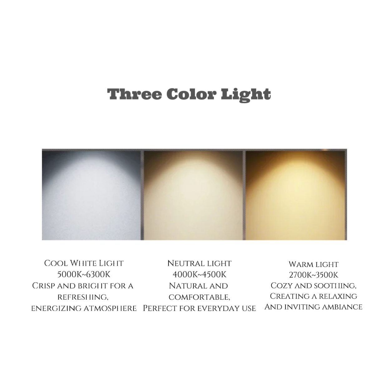 Image displaying three light color options for the luxury table lump: Cool White, Neutral Light, and Warm Light, each with brief ambient descriptions.