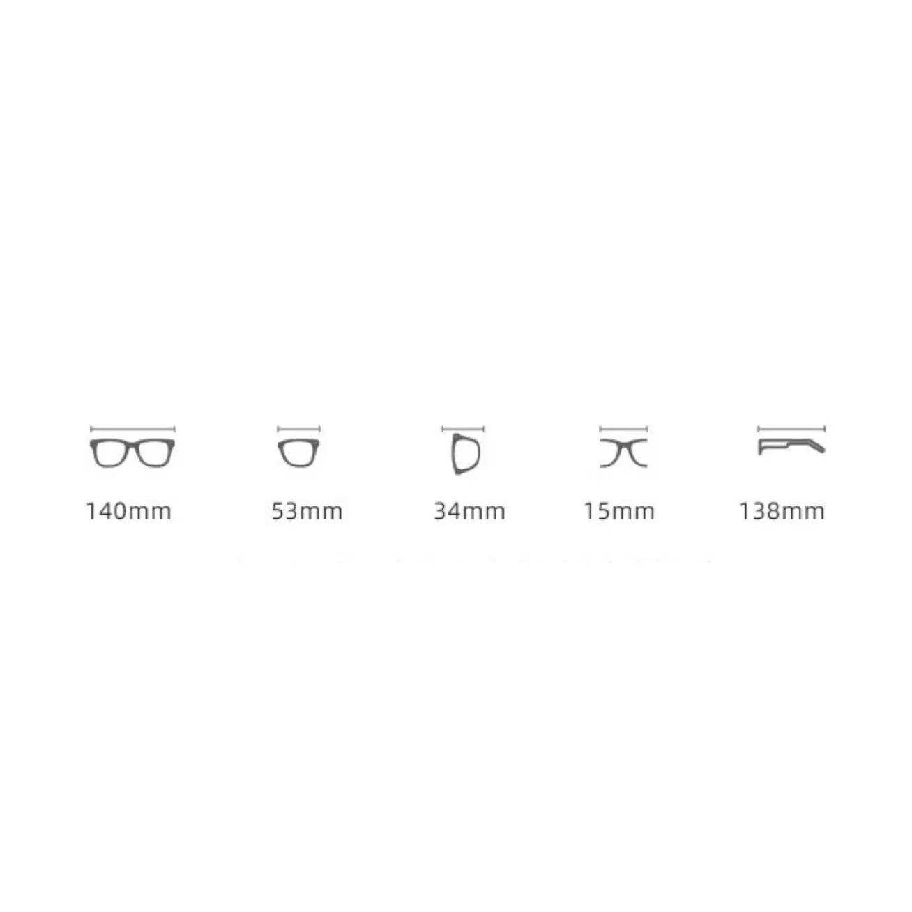 A visual guide showing eyeglass frame measurements: 140mm, 53mm, 34mm, 15mm, and 138mm, represented by simple line drawings.
