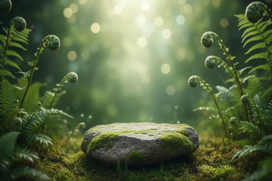 A moss-covered rock surrounded by lush ferns and soft, diffused light in a serene forest setting, evoking tranquility.