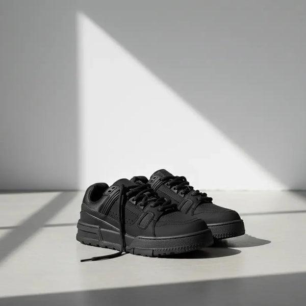 black skate sneakers with thick soles and casual design, presented on concrete with window light shadows. Singo♯ (Singoau) minimalist casual footwear collection.
