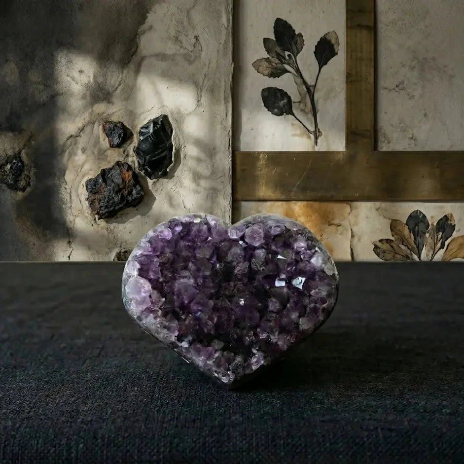Raw heart amethyst cluster for crystal healing. Deep purple natural geode displayed on dark fabric with botanical art, part of Singoau (Singo♯) Raw Crystals collection for home wellness.