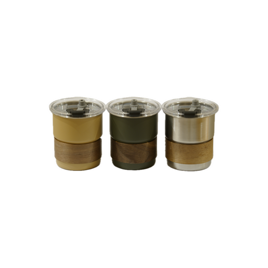 304 stainless steel coffee cup in green, beige and silver, suitable for everyday use.