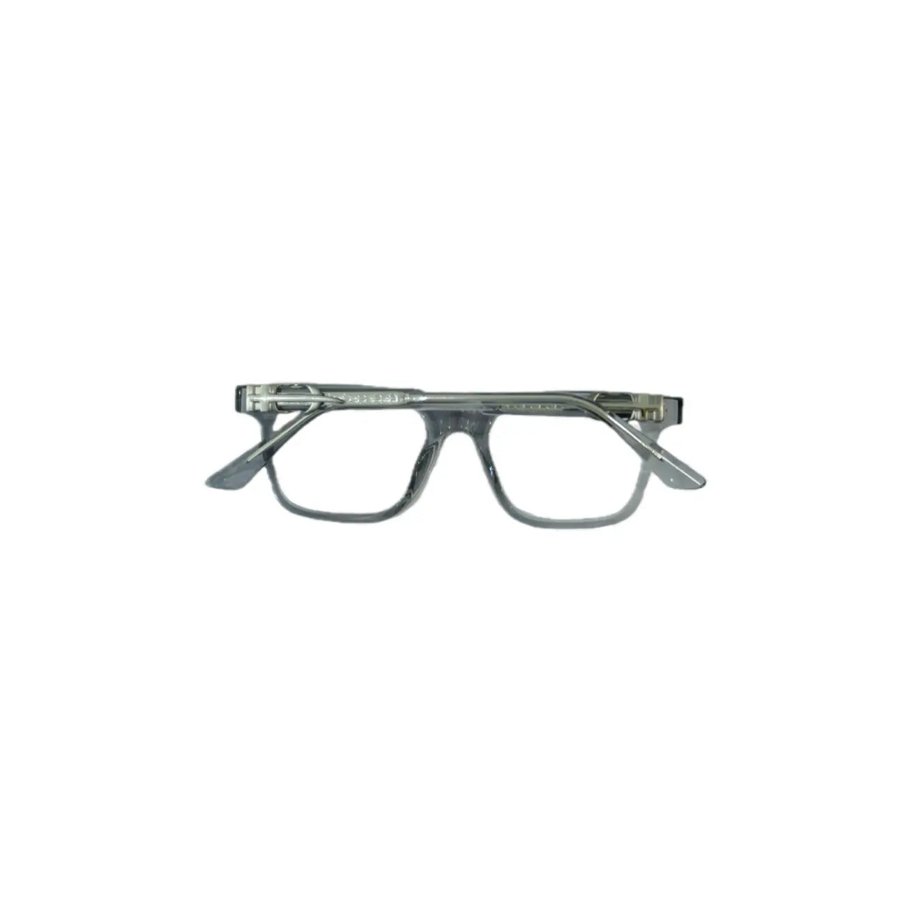 Front view of stylish gray eyeglasses with a sleek design, featuring clear lenses and subtle detailing on the sides.