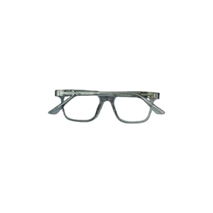 Front view of stylish gray eyeglasses with a sleek design, featuring clear lenses and subtle detailing on the sides.