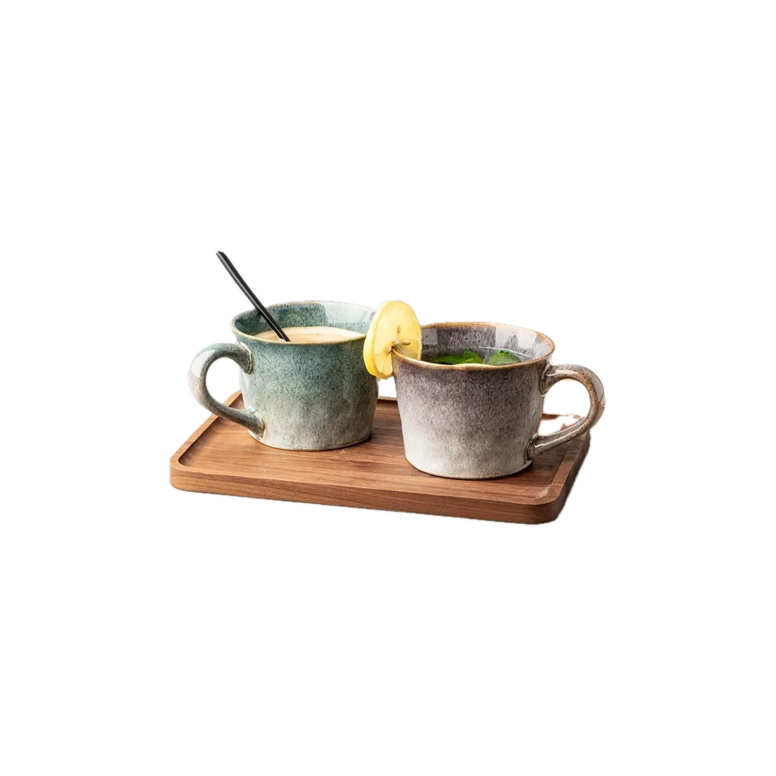 Two rustic mugs on a wooden tray; one holds creamy tea with a spoon, the other a refreshing drink garnished with lemon and mint.