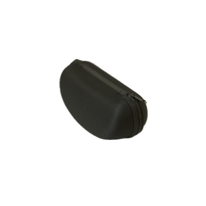 A sleek black hard case with a zipper, ideal for storing glasses or small accessories, shown at an angle for visibility.