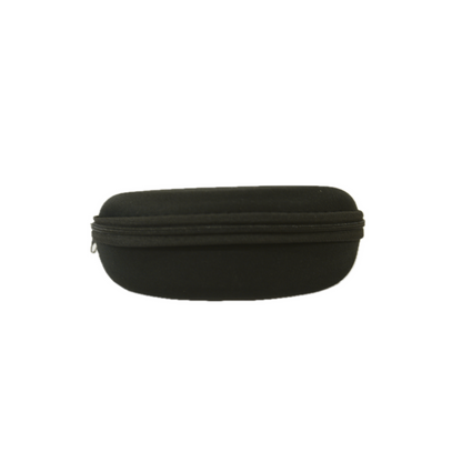 A sleek, black, zippered case with a rounded shape, designed for storing glasses.