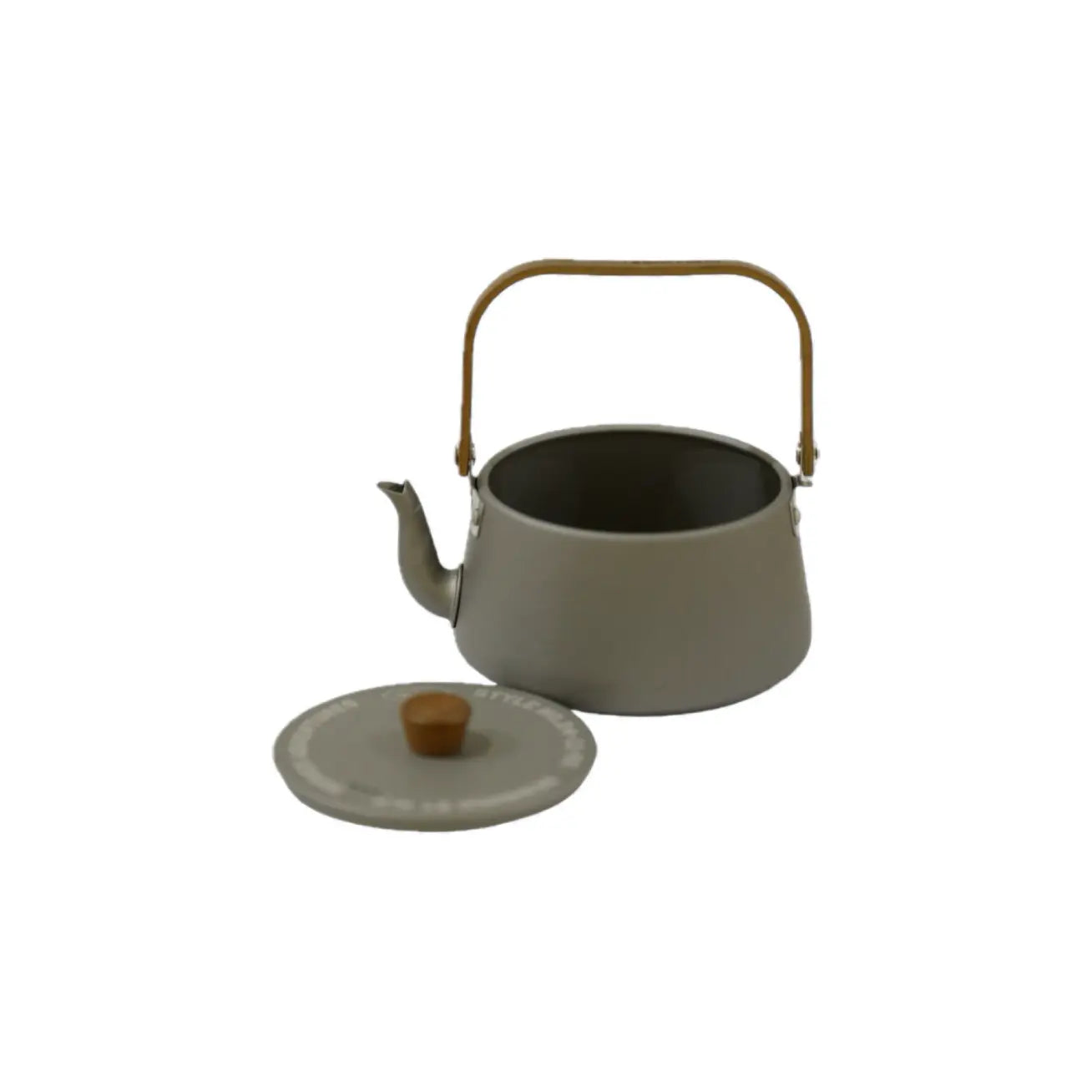 A sleek, gray teapot with a walnut handle and a wooden knob on the lid, placed beside its matching lid on a white background.