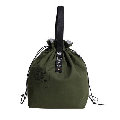 A stylish navy green canvas drawstring lunch bag featuring motivational text and smiley face icons, perfect for casual and everyday use.