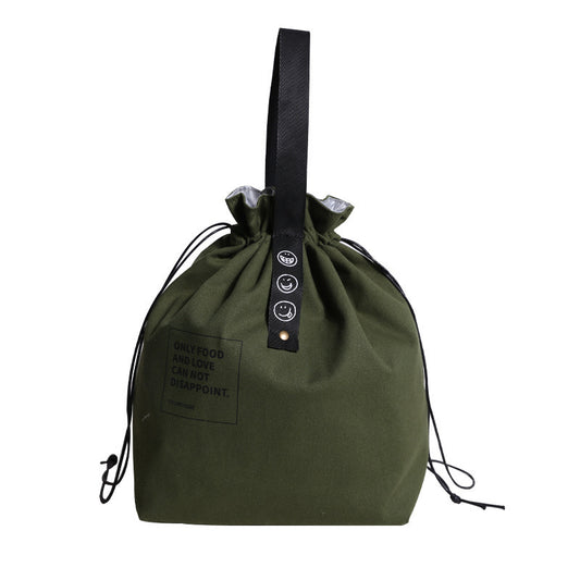 A stylish navy green canvas drawstring lunch bag featuring motivational text and smiley face icons, perfect for casual and everyday use.