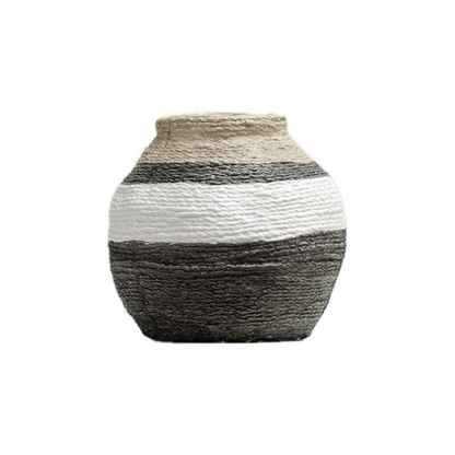 Textured round vase with cream, gray, and black stripes, featuring a wide opening and a rustic aesthetic.