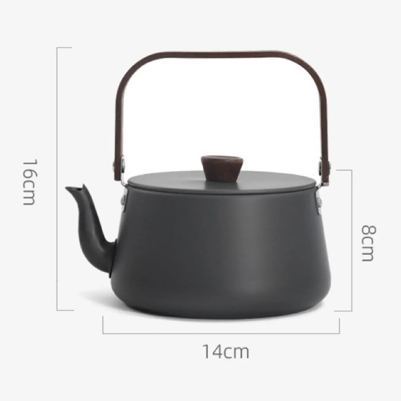 Aluminum Hiking teapot with dimensions indicated on a white background
