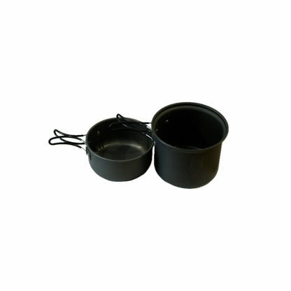 Two black cooking pots with handles, one smaller and nested inside the larger pot, against a white background.