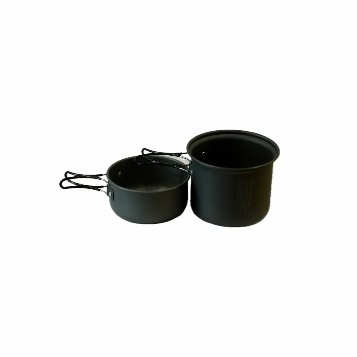 Two compact black cooking pots with foldable handles, one larger and one smaller, designed for outdoor use on a white background