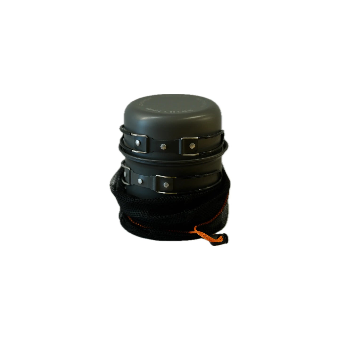 Stacked gray camping cookware with metal clasps and a mesh bag, showcasing a compact, portable design for outdoor cooking.