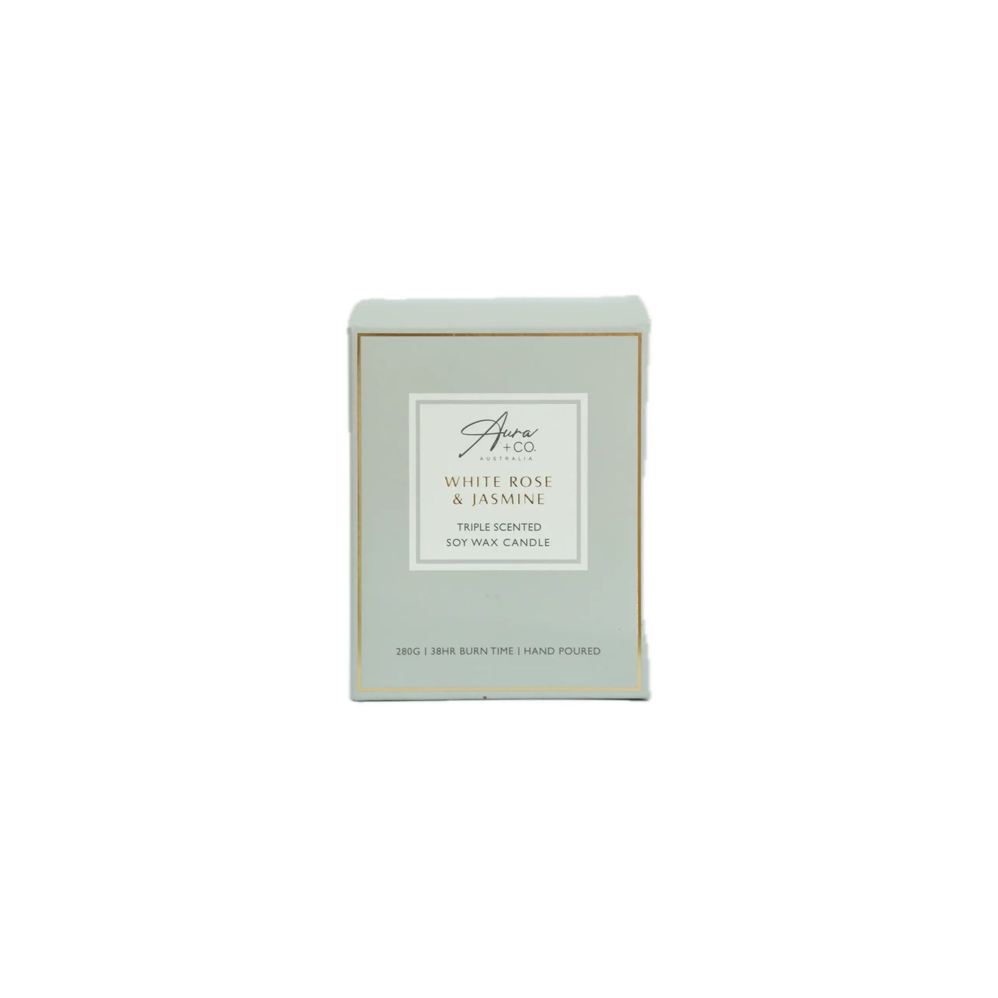 Aveo White Rose & Jasmine candle packaging on a white background