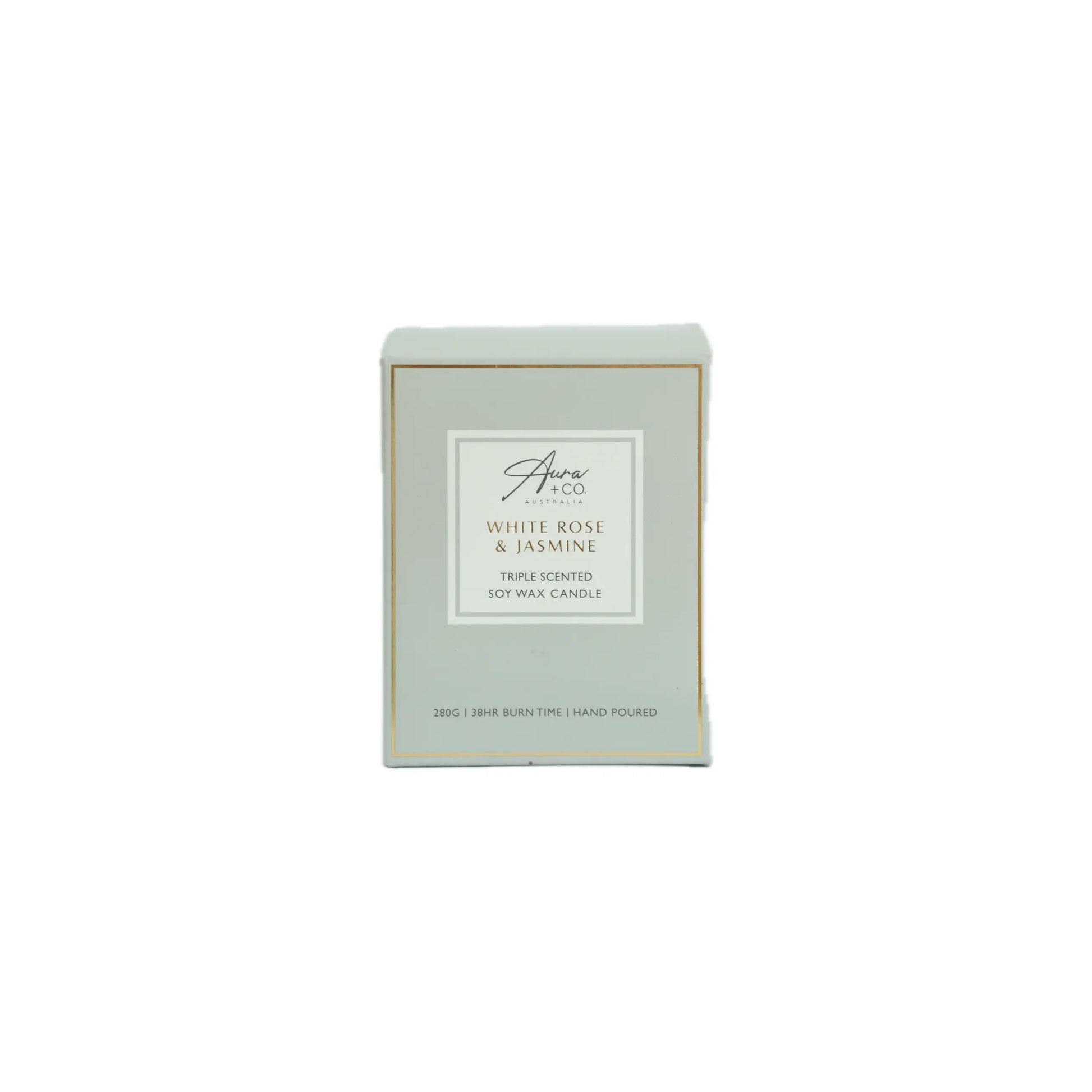 Aveo White Rose & Jasmine candle packaging on a white background