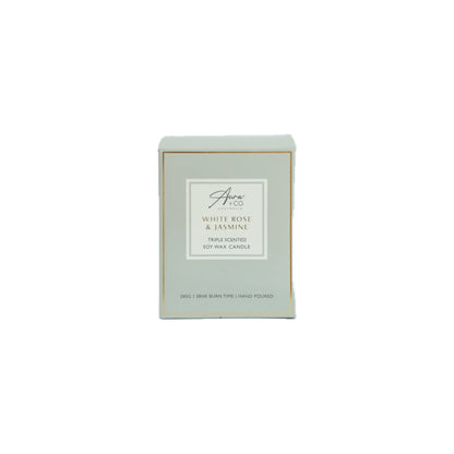 Aveo White Rose & Jasmine candle packaging on a white background