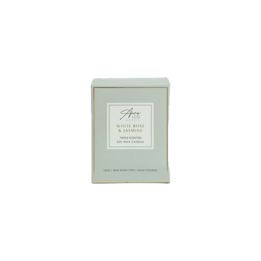 Aveo White Rose & Jasmine candle packaging on a white background
