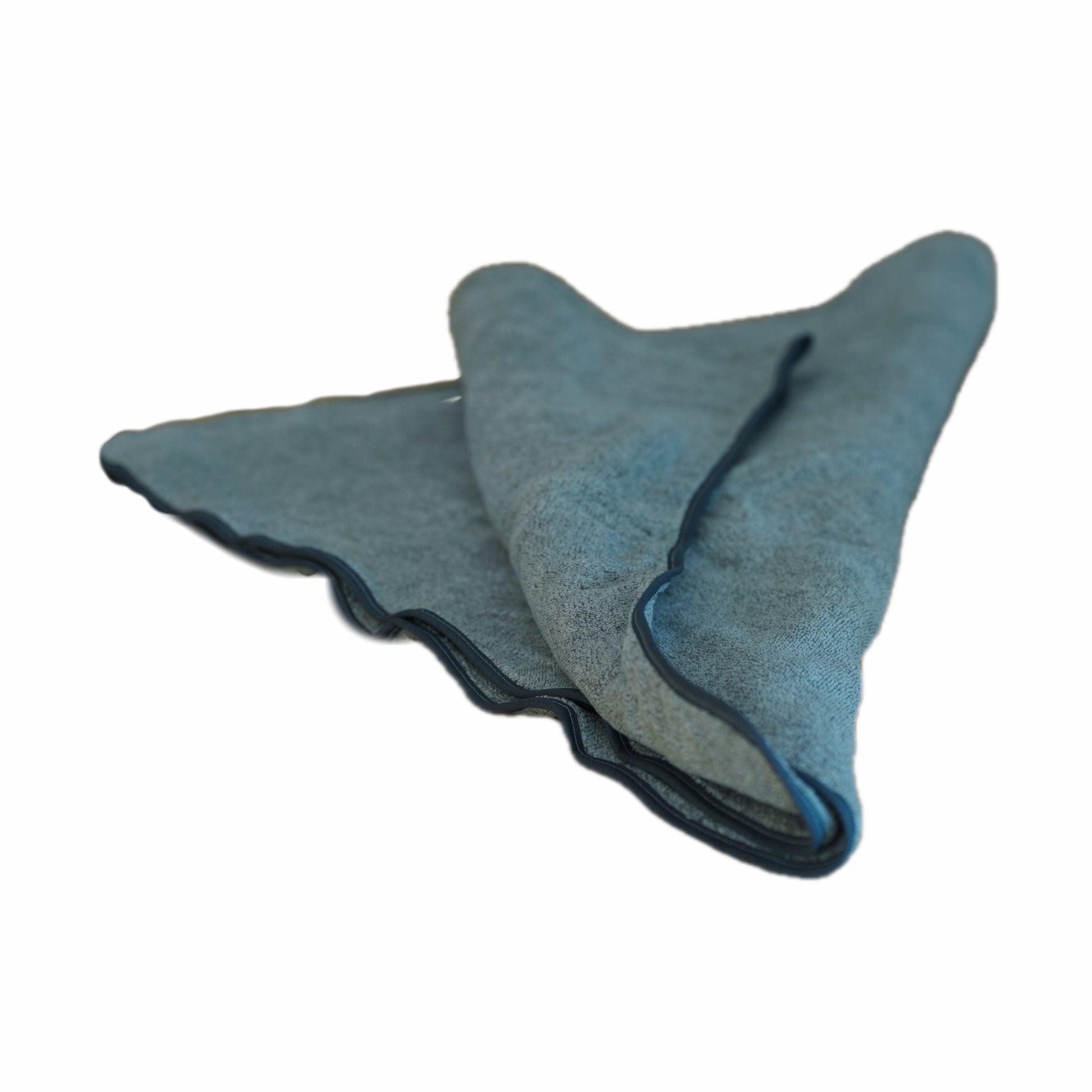 Soft, folded gray towel with a subtle texture and dark blue trim, customized for a neat and tidy appearance.