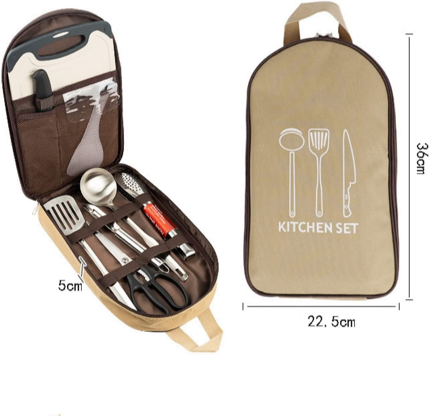 Beige kitchen set bag keeps your essential kitchenware safe, organized, and ready to use.  Perfect for camping and picnic.