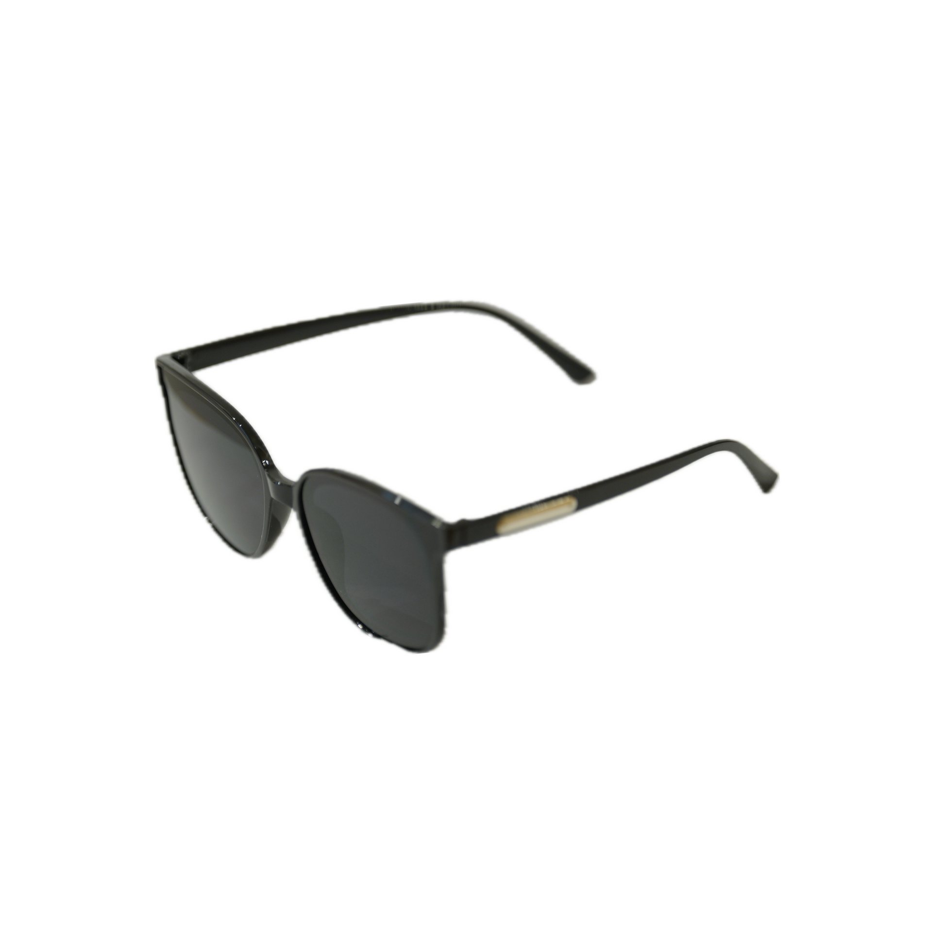 Black cat-eye sunglasses with dark lenses and stylish detailing on the arms, set against a plain white background.