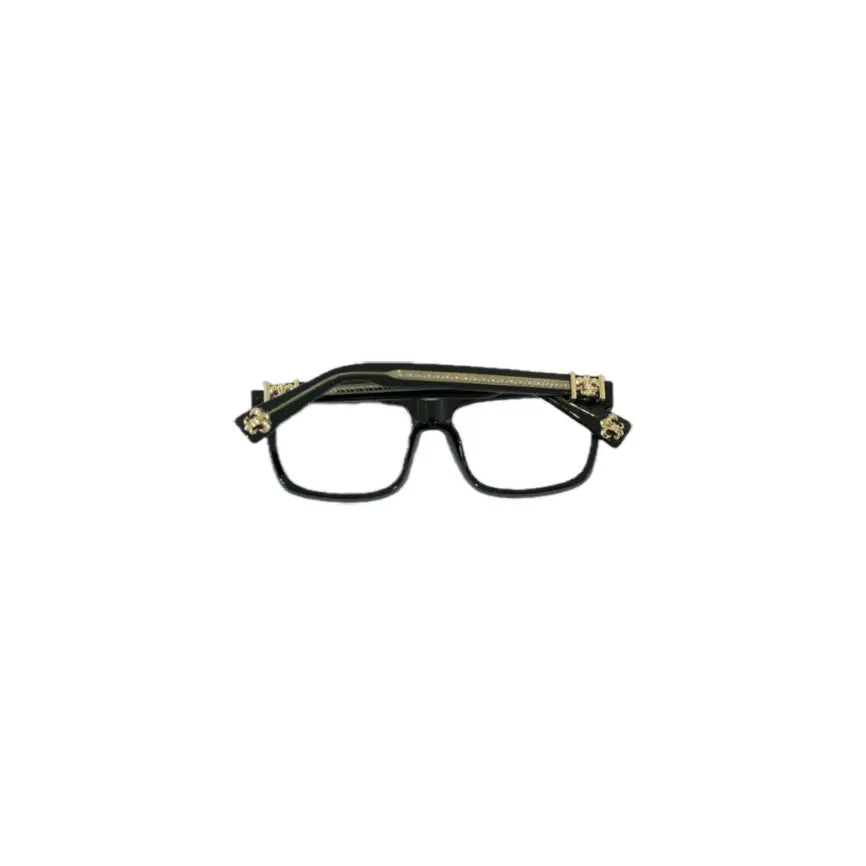 Stylish black glasses with decorative gold accents on the arms, featuring a modern rectangular frame design.