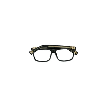 Stylish black glasses with decorative gold accents on the arms, featuring a modern rectangular frame design.