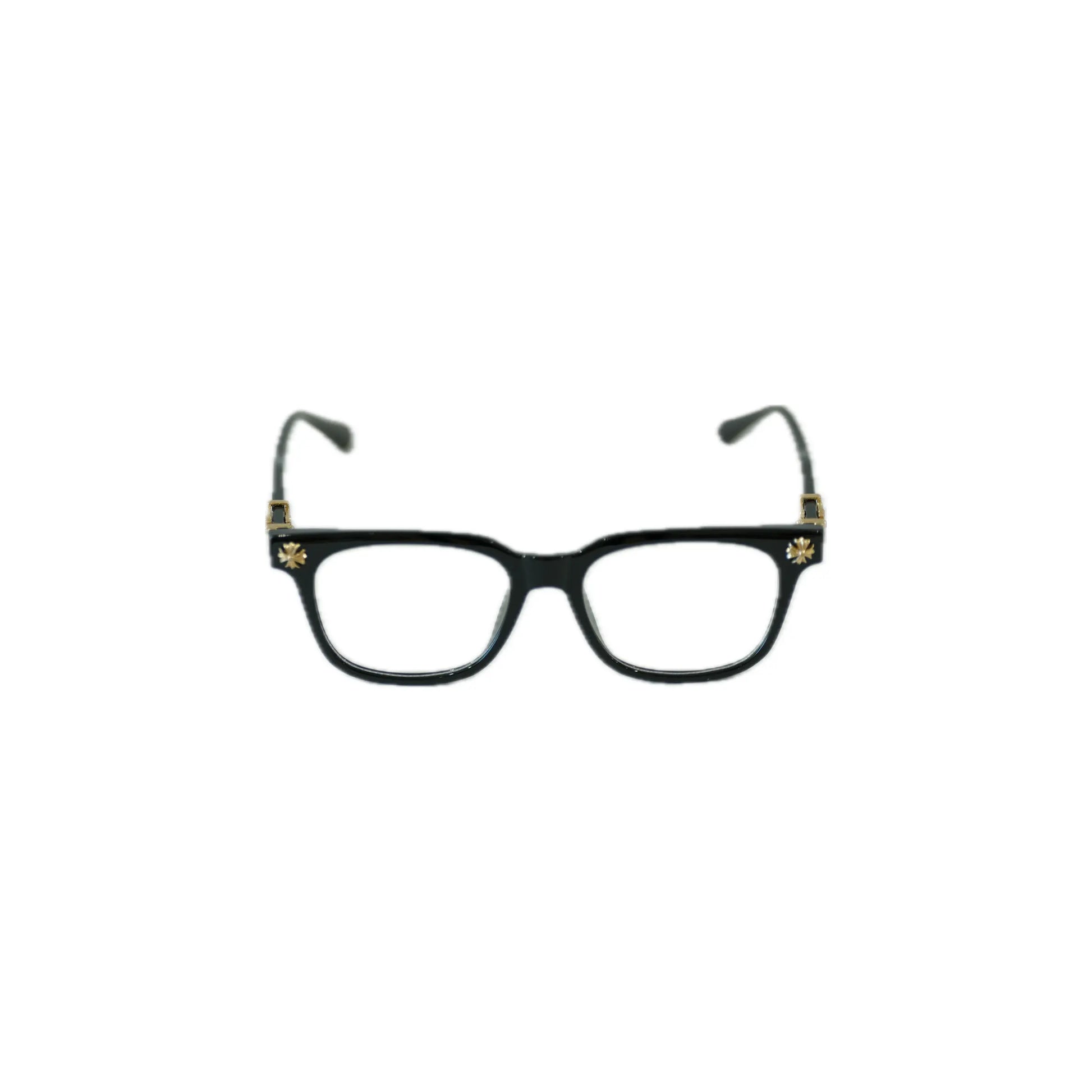 Black cat-eye glasses with gold accents on a white background