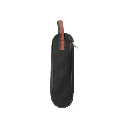 A sleek black dining set with a colorful strap handle, featuring a zipper closure and a smooth, minimalist design.