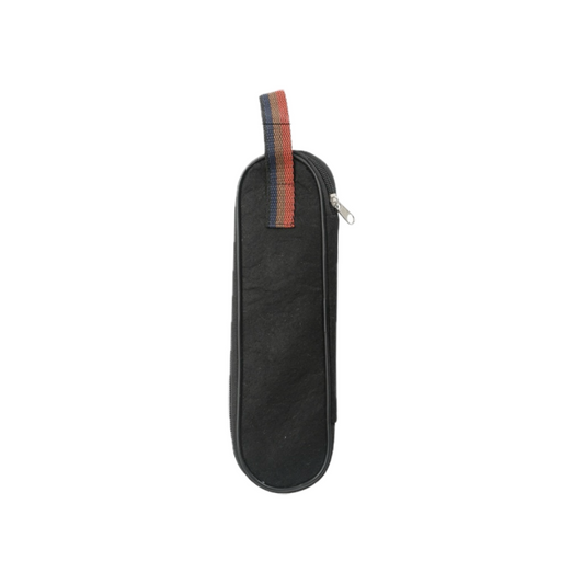 A sleek black dining set with a colorful strap handle, featuring a zipper closure and a smooth, minimalist design.