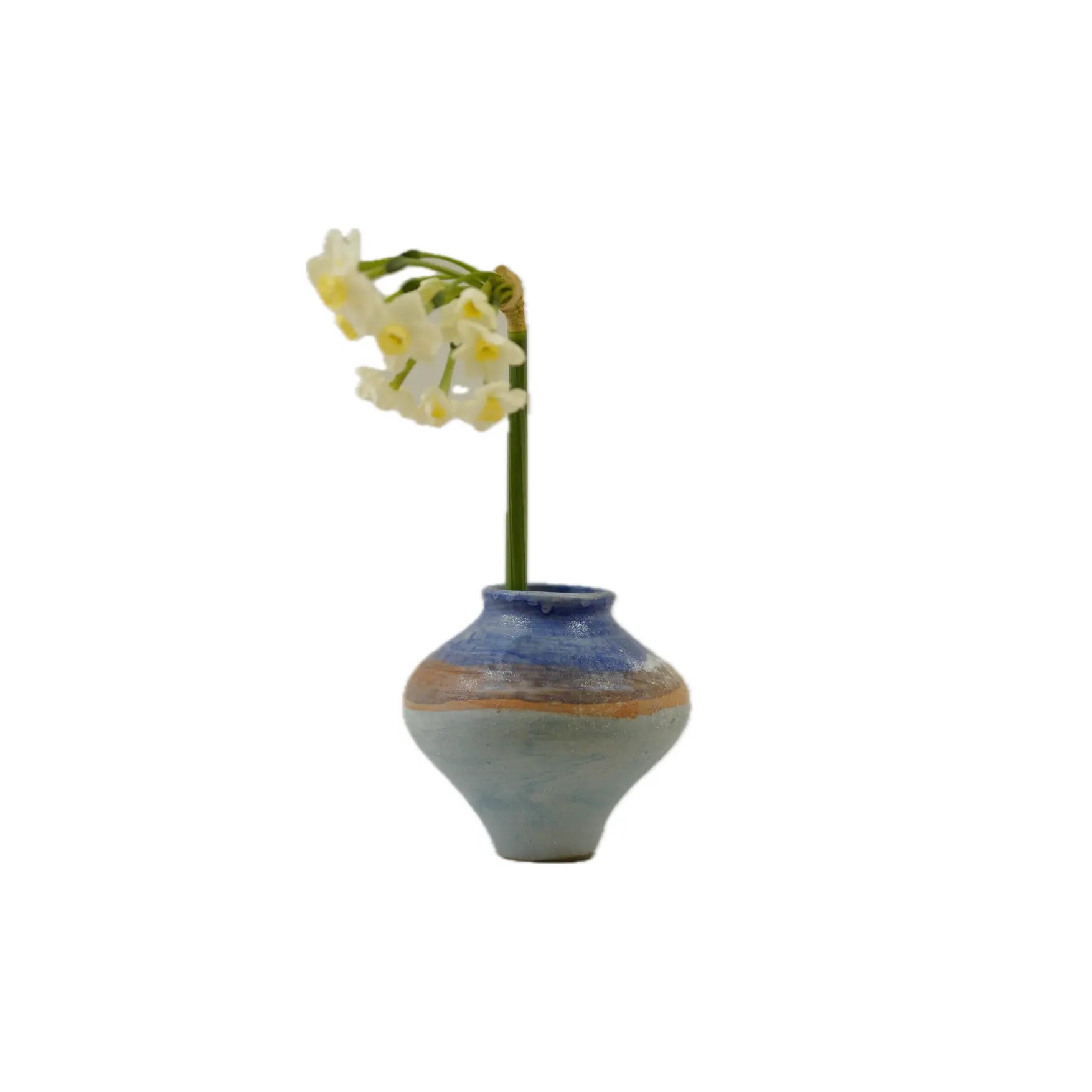 Small ceramic vase with a blue glaze holding a single white flower on a white background